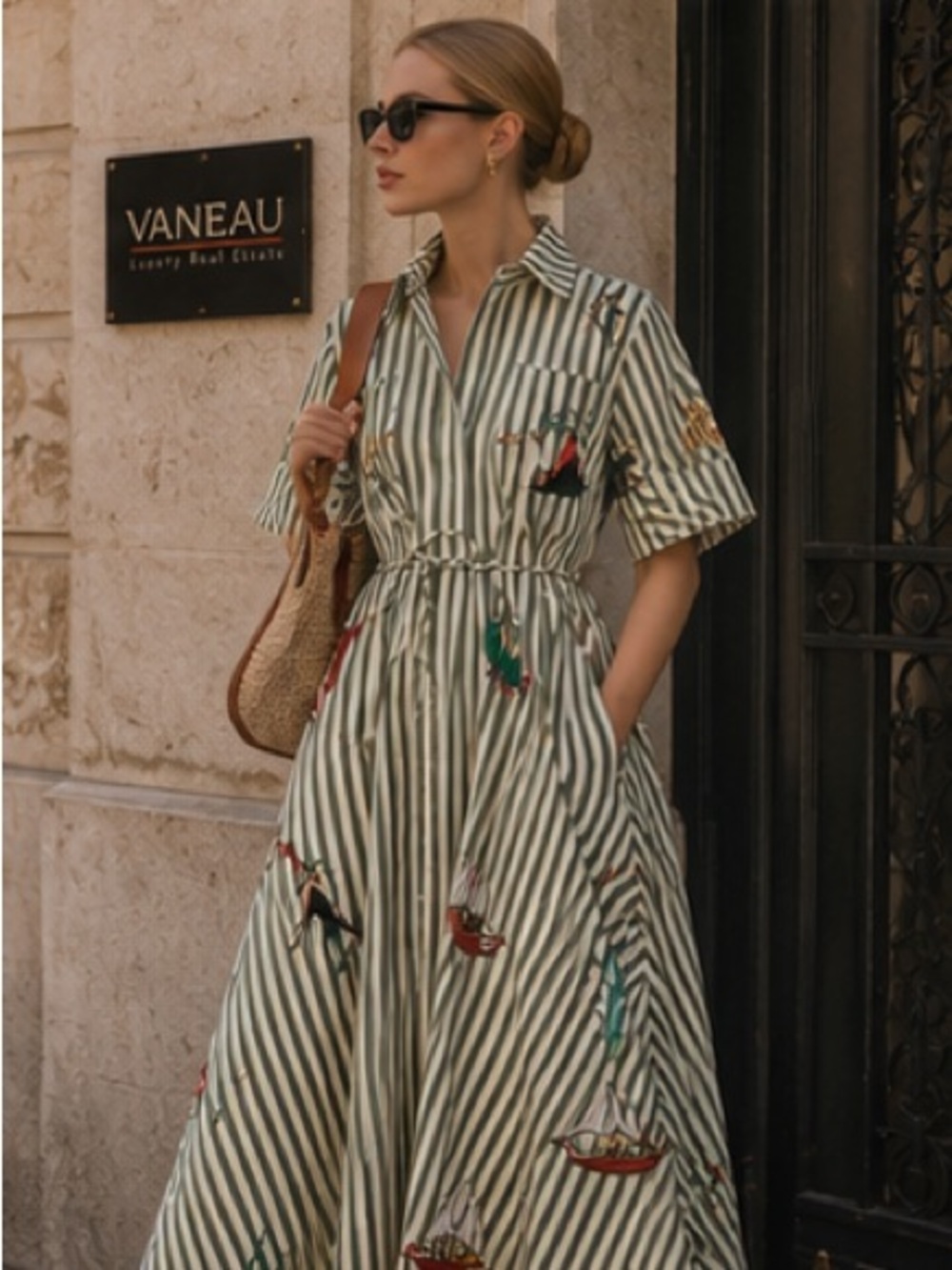 Alemais Striped embroidered Midi Dress with Floral Accents - Picture 6 of 10